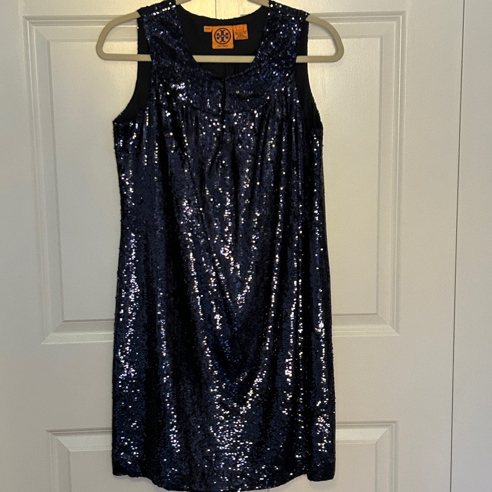 Tory Burch "Kylie" Mini Sequin & Silk Sleeveless Navy Cocktail/Shift Dress Sz 4